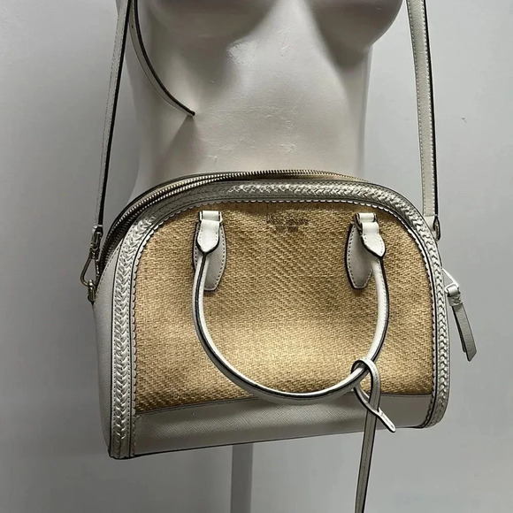 Kate Spade Reiley Dome Satchel Purse Handbag Straw Wicker Leather Trim White - Picture 2 of 14